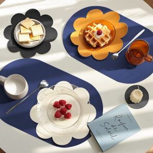 1/4/6 Blue Oval Dual Sided Placemats Faux Leather Placemats Wipeable PU Oval Table Mats Non-Slip Washable Christmas Place Mats