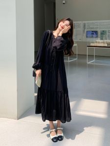 French Hepburn Black Dress Women Spring Autumn Winter New Loose Maternity Shirt Long Dress Korean Style Pure Color Button Pocket