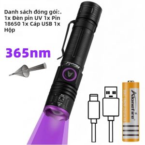 Đèn Pin UV Sạc USB 365/395nm Có Chức Năng Zoom Phát Hiện Nước Tiểu Thú Cưng Nấm Da Tiền Giả Chất Kết Dính Mực Đánh Dấu Phát Hiện Vết Bẩn Cho Mèo Chó Đèn Pin Nhôm Đen