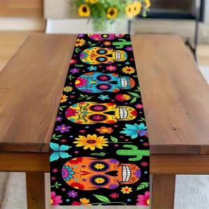 Day Of The Dead Sugar Skull Floral Cactus Table Runner Halloween Indoor Party Kitchen Decor Holiday Table Ornament Supply