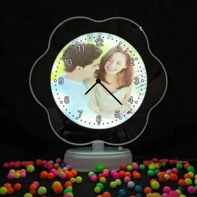 SEHARI JADI Cermin jam mirror kaca magic ajaib frame foto lampu LED hadiah kado gift custom ultah anniversary wisuda wedding valentine natal unik mewah Bentuk bunga flower