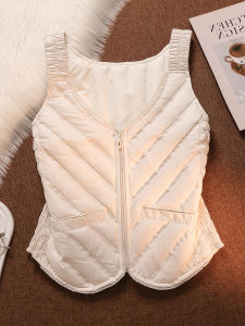 Lightweight Womens Fleece Vest White Duck down Thermal Top Layering Clothing V-neck Zipper Closure Solid Color Commute Style