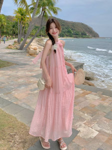 Pink Sweet Summer Beach Vacation Gown Shoulder Bared Neckline Charming Goddess Style A-Line Long Dress Korean Style Commute