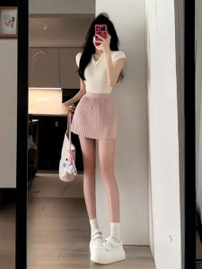 Fashionable Autumn Outfit Womens Midi Skirt Top Set Short Sleeve V-Neck Two-Piece Ensemble Elegant Style Online Exclusive