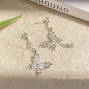 พู่ยาว S925เพทายต่างหูผีเสื้อต่างหูสำหน้าร้อนไข่มุกสวยงามต่างหูเงินสต็อก