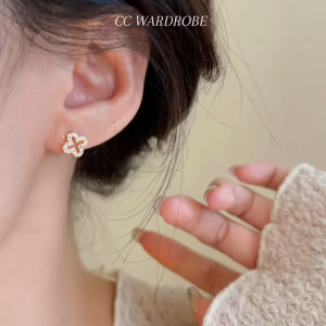CC Wardrobe Classic Lucky Clover Diamond Earrings - Minimalist Sparkling Stud Earrings for Women and Girls Daily Wear