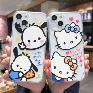 Cute Pachat Dog Hello Kitty iPhone 14 13 12 15 Transparent Full Cover Silicone Protective Case Anti-Fall Straight Edge Design