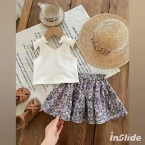 EE ..Chic Floral Print & White Cotton Blend Girls Set with Ruffle Top & Skirt