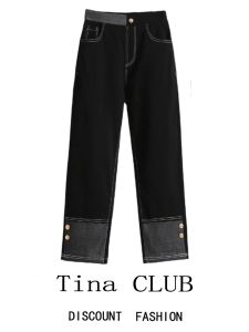 Tina CLUB plus Size Womens High Waist Straight Leg Jeans Autumn New Style Splicing Slimming Effect for Slightly Plump Women