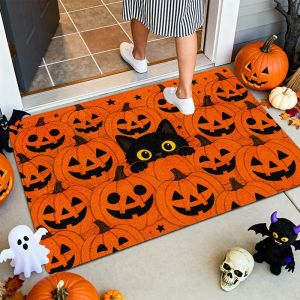 VIKAMA Halloween Black Cat Pumpkin Welcome Mat Non‑Slip Indoor Outdoor Entrance Doormat Rug Kitchen Bedroom Home Festival Decor