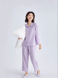 Purcotton | Loose Summer Crinkle Fabric Pajama Set Long Sleeve & Pants