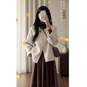 Salt Series Autumn Winter Fashion Set High Waist A-Line Skirt Short Coat Base Shirt Three Piece Set Thickened Long Sleeve round Neck