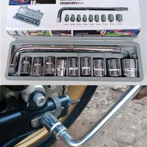 kunci Shok bengkel motor 10 pcs Size 8 - 21 mm / kunci sok 1/2 inch gagang L panjang