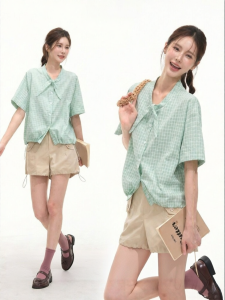 HTMEME | Casual Bow Tie Plaid Short Sleeve Drawstring Shirt Women