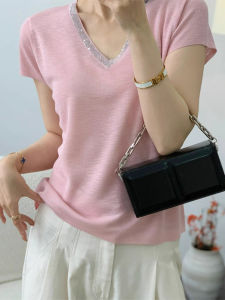 Shalldoer | Korean Style V-Neck Short Sleeve Loose Knitted Top Womens Summer Thin Breathable Fashionable Airy Pullover T-Shirt