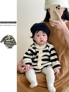 Round Neck Striped Knit Baby Outfit Set