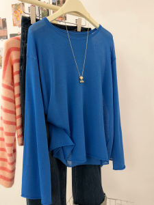 Klein Blue Womens Knitted Long Sleeve Oversized Lazy Hoodie T-shirt Autumn Winter Outerwear Sunshade Shirt Korean Style