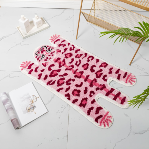 VIKAMA Pink Leopard Tiger Shaped Bath Mat Y2K Fluffy Absorbent Non Slip Bathroom Rug Cute Animal Bedroom Washable Floor Doormat