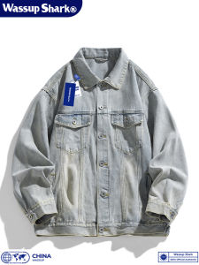 Wassup Shark American Denim Outwear Mens Spring and Autumn Retro Workwear Casual Jacket Easiest for Match Polo Collar Top