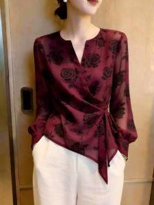 KUNAILIN | Vintage Red V-Neck Tie Waist Print Shirt Long Sleeve