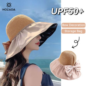 HOZADA Women Sun Cap Beach Hat Foldable Sun-proof Hat Casual Sun Hats Portable Beach Cap Bow Knot Storage Bag Design Large Brim Cap Sun Protection Cap UV Protection Hats With Windproof Rope for Summer Outdoor Travel