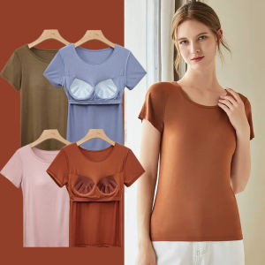 Phụ Nữ Của cổ tròn áo phông hiệu Modal Tops miếng đệm ngực Một Mảnh Áo Ngực Cup Mùa Hè Mỏng T-Shirt Áo Sơ Mi Cơ Bản Nhà Mặc Phụ Nữ Đồ Ngủ