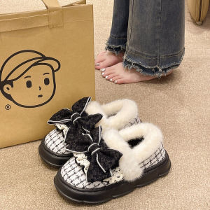 Cute Bows Cotton Slippers Womens Winter Wear Non Slip Thick Bottom Fleece-Lined Warm Indoor Heel Confinement Cotton-Padded Shoes