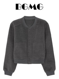 Retro American Grey Short Baseball Jacket Womens Autumn Winter Casual Loose Fit Top Trendy round Neck One Piece Velvet