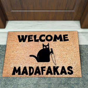 VIKAMA Funny Black Cat Knife Welcome Humor Pet Art Crystal Velvet Door Mat Non Slip Entryway Bedroom Living Room Home Decor Soft