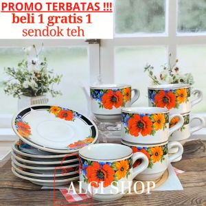 Gratis sendok teh 12pcs cangkir set kramic motif kembang terbaru box isi cangkir campur piring alas anti panas