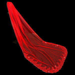 Red Lace Beaded Long Train Wedding Dress Headpiece Vintage Style Bridal Veil Accessory for Brides Seeking Elegance on Their Special Day