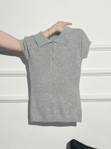 La Chapelle Grey High-End Knitted Polo Neck T-Shirt Womens Summer Slim Fit Short Sleeve Shoulder Appropriate Top