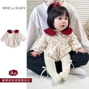 Festive Plush Lined Baby Romper Outfit for Autumn Winter Crawling Girl New Year Visit Clothing Bottom Covering Outdoors Wear