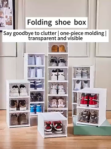 Foldable No-Install Front Open Shoe Box Stackable Dustproof Shoe Storage Case