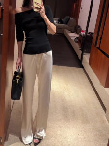 QFN | Chic Korean-Style Black Satin Wide Leg Trousers Set for Commute Wear