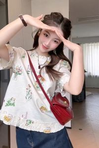 Áo Sơ Mi Nữ Tay Ngắn Họa Tiết Hoa Cổ Tròn Dáng Rộng Mùa Hè 2025 Phong Cách Mới Thoải Mái Đa Năng Áo Sơ Mi Búp Bê