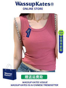 เสื้อกั๊กสายเดี่ยวผ้าฝ้ายแท้สไตล์ย้อนยุคสไตล์อเมริกัน Wassupkates สำหรับผู้หญิงในช่วงฤดูร้อน ทรงสลิมฟิต สำหรับเล่นกีฬา โยคะ แขนสั้น