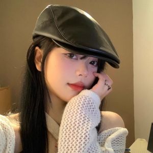 THANKSKY Vintage PU Leather Berets Hat Gothic Harajuku Y2k Berets Hat Retro Subculture Painter Hat Men Women