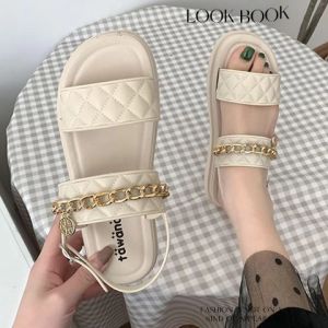 LHSunshine รองเท้ารัดส้นทันสมัย รองเท้าแตะแบบสวมหรูหรา 🧖‍♀️ ประดับโซ่ทองสุดเก๋ เสริมพื้นหนา ลูกคู่เป็นคู่เทียน คือดีย์💜