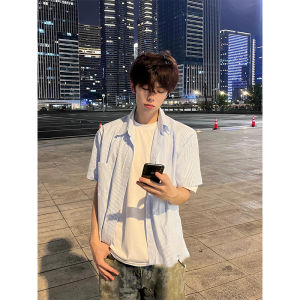 Light Blue Stripes Short-Sleeved Shirt Mens Summer Korean Style Fifth Sleeve Outwear Fancy Teenagers Sun Protection Shirt