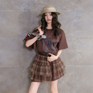 Americana Sweet-Spicy Style Two Piece Set Plaid Mesh Skirt with Belt
