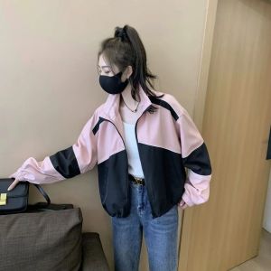 Womens Short Baseball Jacket 2023 Autumn New Style Casual Versatile Loose Color Block Outerwear Coat Clean Fit No Brand