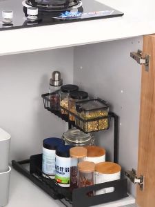 **HOT SELLING** NEW 2024 2 Tiers Under Sink Kitchen and Bathroom Metal Sliding Storage Basket Desktop Extendable Storage Basket for Home and Office L型抽屉式置物架
