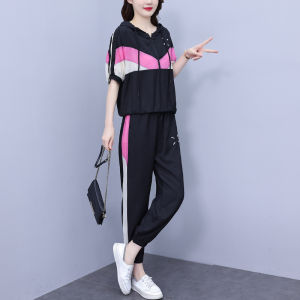 plus Size Summer Casual Sportswear Set Slimming Meat Covering Trendy Two Piece Set for Plump Sisters High Waist Long Pants