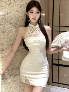 New Chinese Style Spicy Girl Neck Hanging Waist in Slimming Tight Lace Splicing Improved Cheongsam Spring Summer New Dress Womens Fashion High Waist Sleeveless Zipper Back