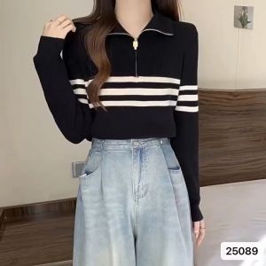 SS GALLERY - KN202 Shinly Sweater Zipper Stripe - Atasan Wanita Rajut Import TM