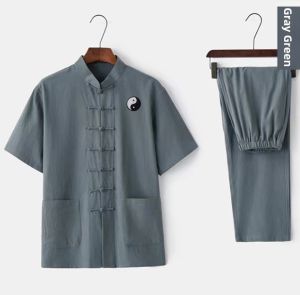 Tai Chi Embroidery Summer Short Sleeve High-grade Retro Buttoned Tang Suit Linen Cotton