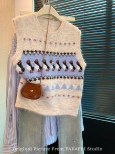 Gray Knitted Cashmere Vest Fair Isle Sweater Womens Autumn Layering High-End Feel Shoulder Horseback Riding Top