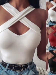 Casual Cross Neck Sleeveless Tank Top Womens Street Style Hollow out V-Neck Regular Fit Tank Top for Autumn Season