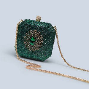 Elegant Evening Clutch Bag Mini Luxury Dress Match Female Green Rhinestone Embellished Crossbody Square Bag Retro Style Handbag